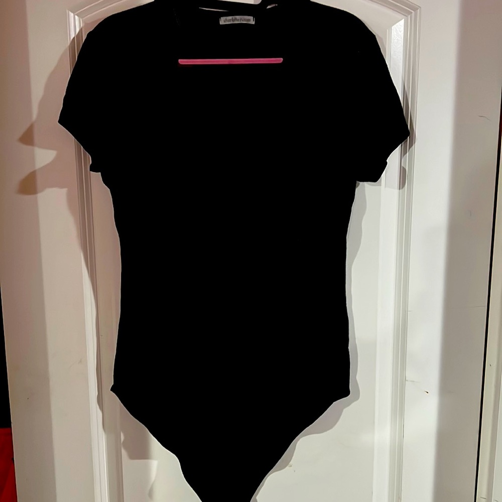 Charlotte Russe Large Ribbed Black Bodysuit with snap bottom